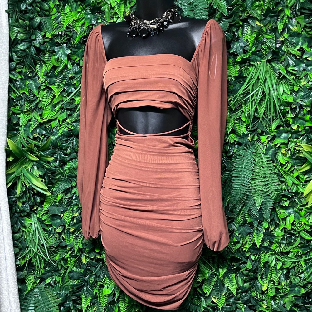 Princess Polly Dress Size 6 Rust Brown Ruched Cutout Long‎ Sleeve Mini 3895